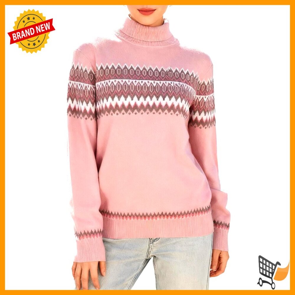 Turtleneck Knit Pullover Sweater Fair Isle Pattern Stretch Comfortable Winter
